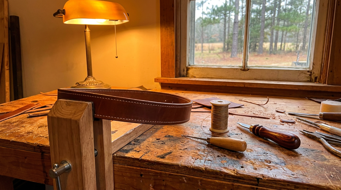 Leatherworking bench with saddle stitching tools, awl, waxed thread and a half-finished brown leather piece in an Alabama workshop