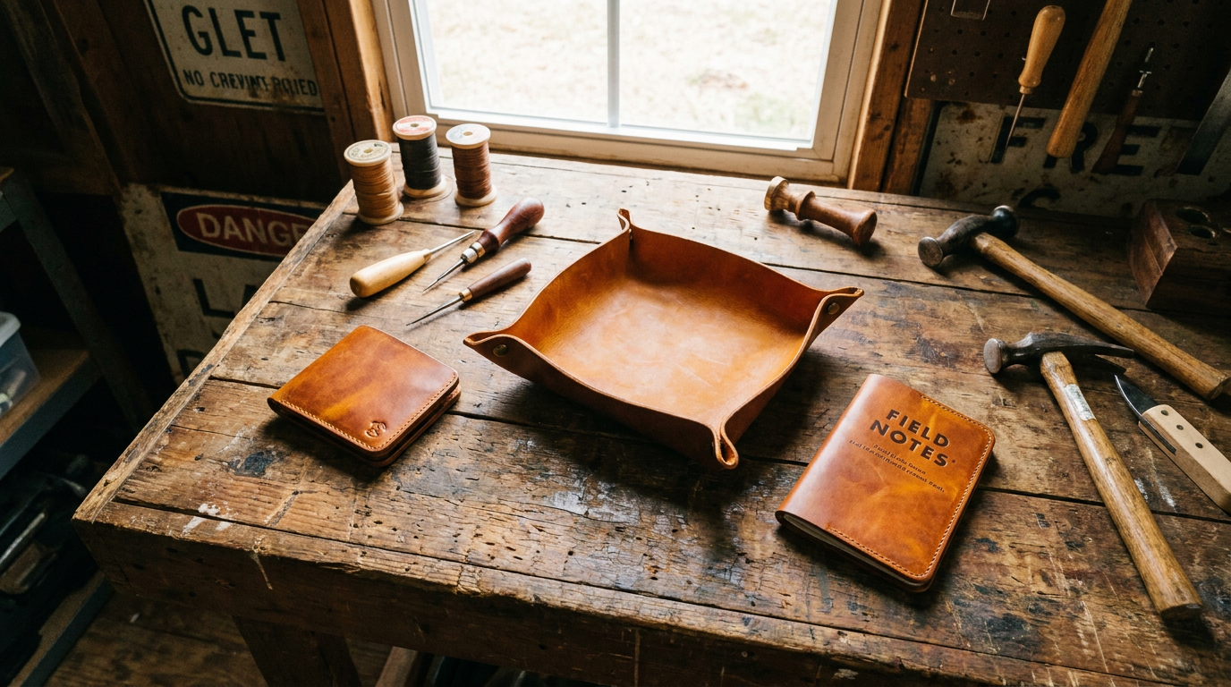 Handcrafted full grain leather goods flat lay on a wooden workshop bench — personalized leather gifts for men by Fox Tree Creations