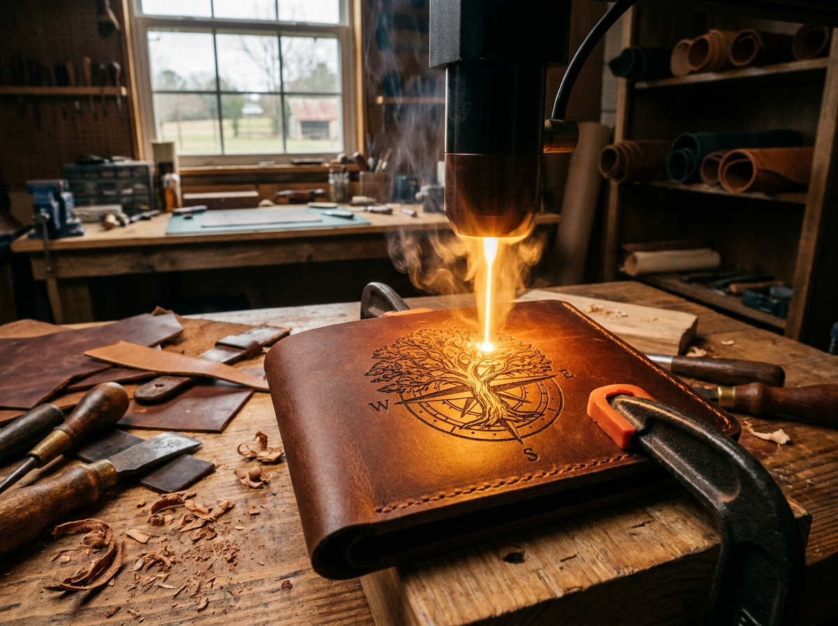 Handcrafted full grain leather valet tray and leather portfolio side by side on a clean wooden desktop — Fox Tree Creations handcrafted gifts for men