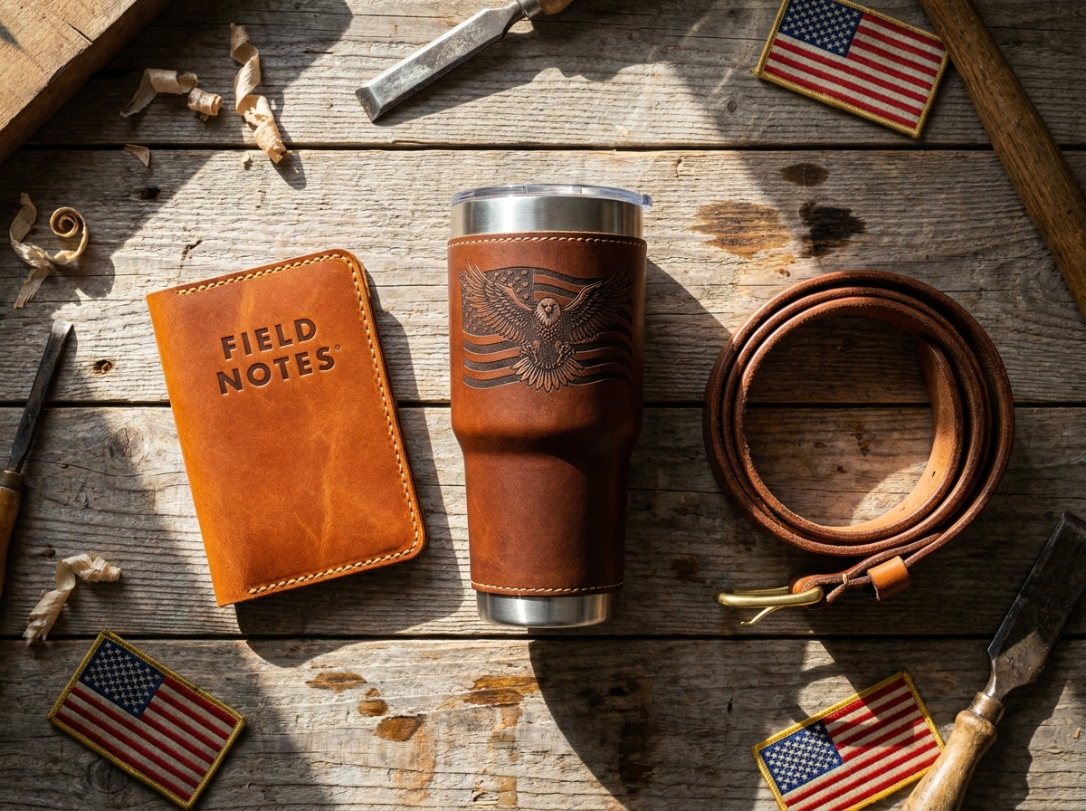 Collection of handmade leather gifts for men including a field notes cover, Freedom engraved 40oz tumbler with eagle design, and leather belt on a workshop wood surface