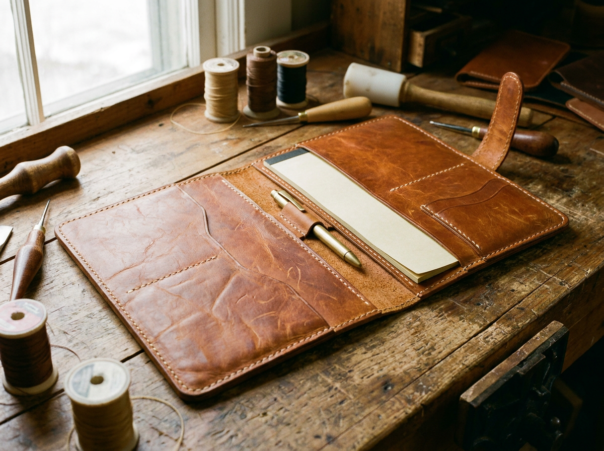 Handcrafted full grain leather portfolio with saddle stitching open on a wooden workbench in an Alabama leather workshop