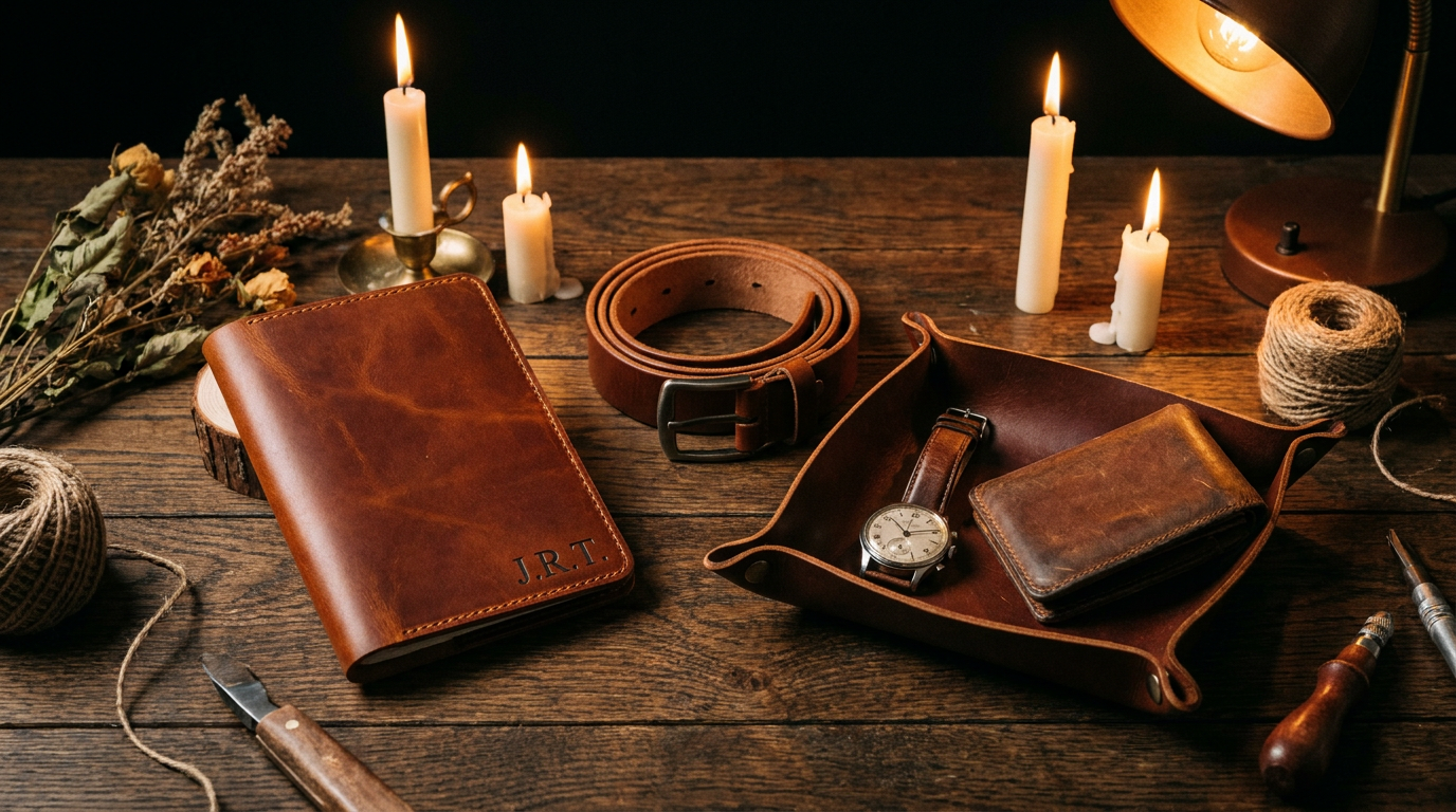 Styled display of personalized leather gifts including a leather field notes cover, leather belt, and leather valet tray with warm workshop lighting