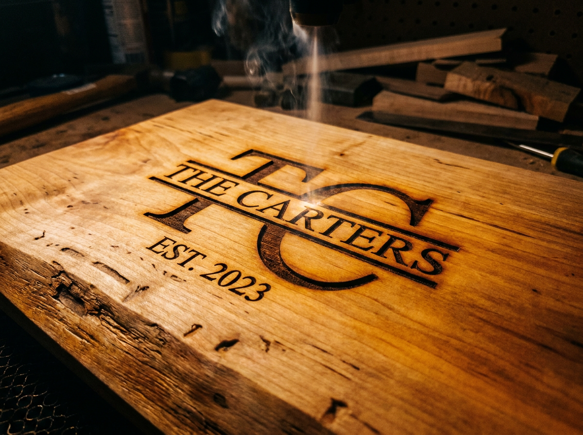 Close-up of precision laser engraving detail on a maple wood cutting board showing crisp lettering and deep contrast — Fox Tree Creations Alabama