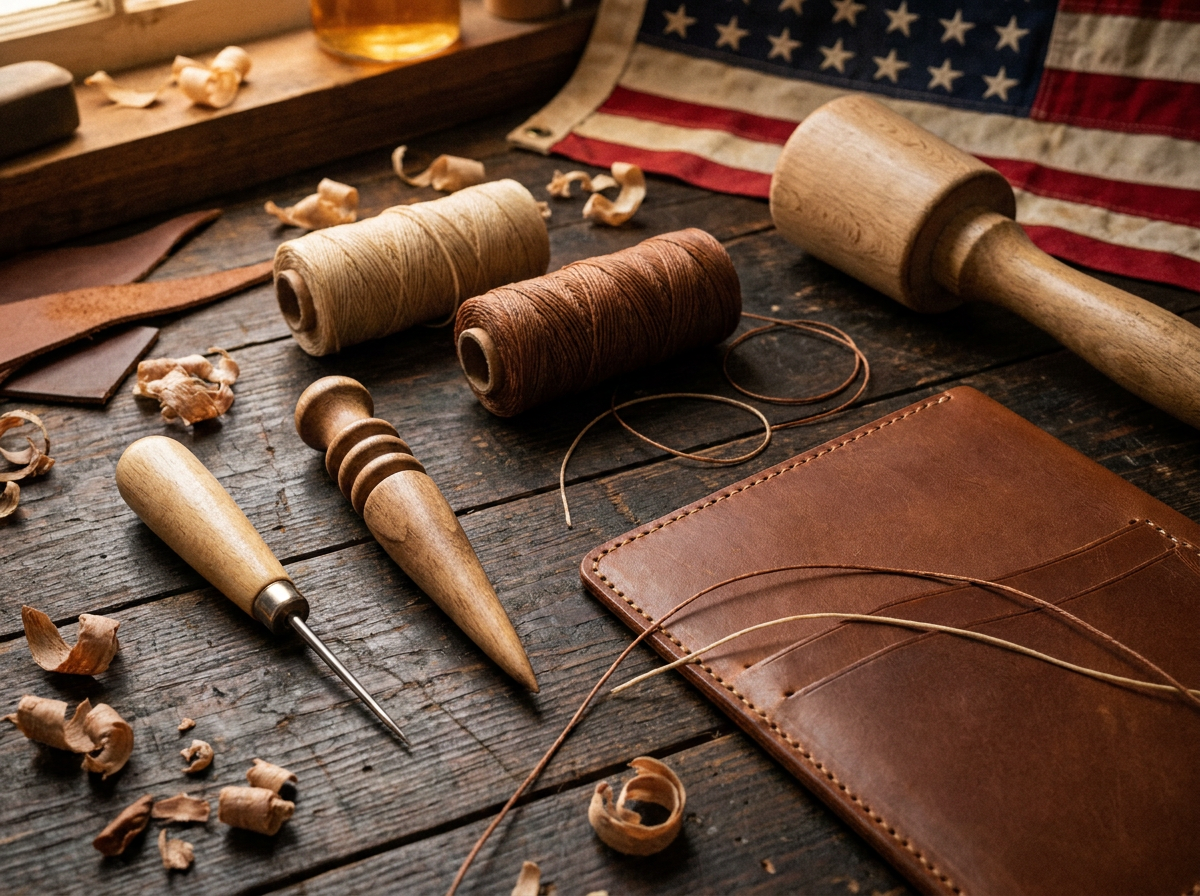 Leather crafting tools including stitching awl, edge burnisher, waxed thread and mallet beside a partly finished brown leather portfolio