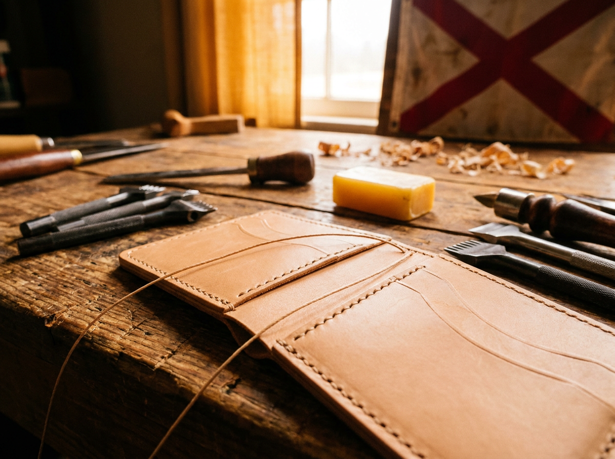 Hand-stitching a full grain leather wallet on an Alabama craftsman's workbench — Fox Tree Creations handmade leather goods