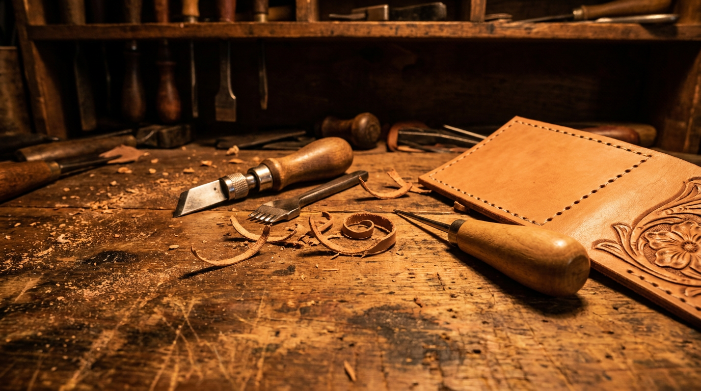 Leather crafting tools on a workshop bench — handcrafted personalized gifts for men made in Alabama