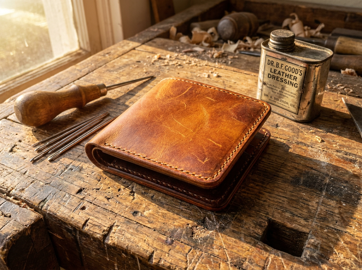 Handcrafted full grain leather bifold wallet on a wooden workbench surrounded by leather working tools — awl, stitching needles, and oil tin — in an Alabama craftsman workshop