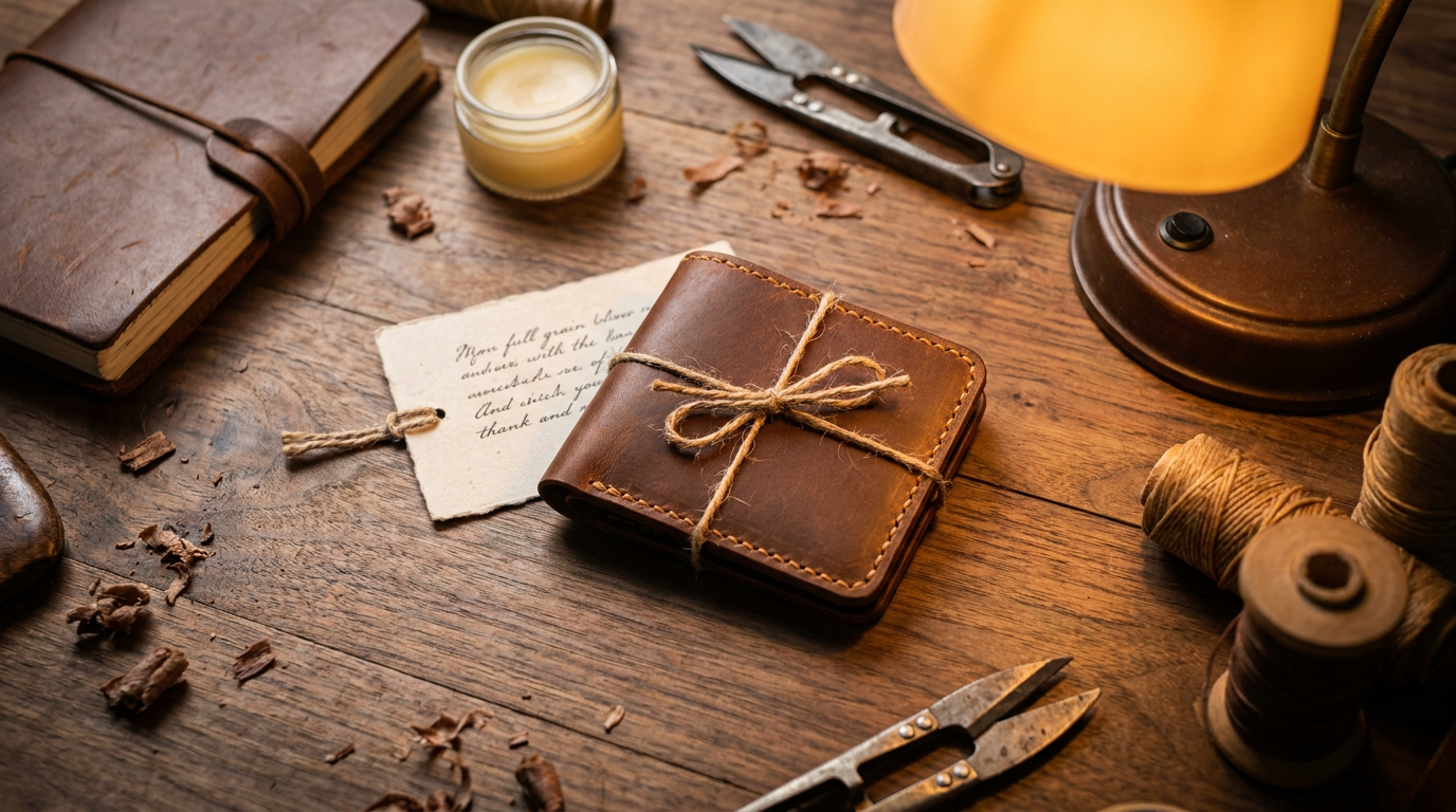 Handcrafted full grain leather bifold wallet tied with twine beside an anniversary card on a worn workbench - leather anniversary gift from Fox Tree Creations