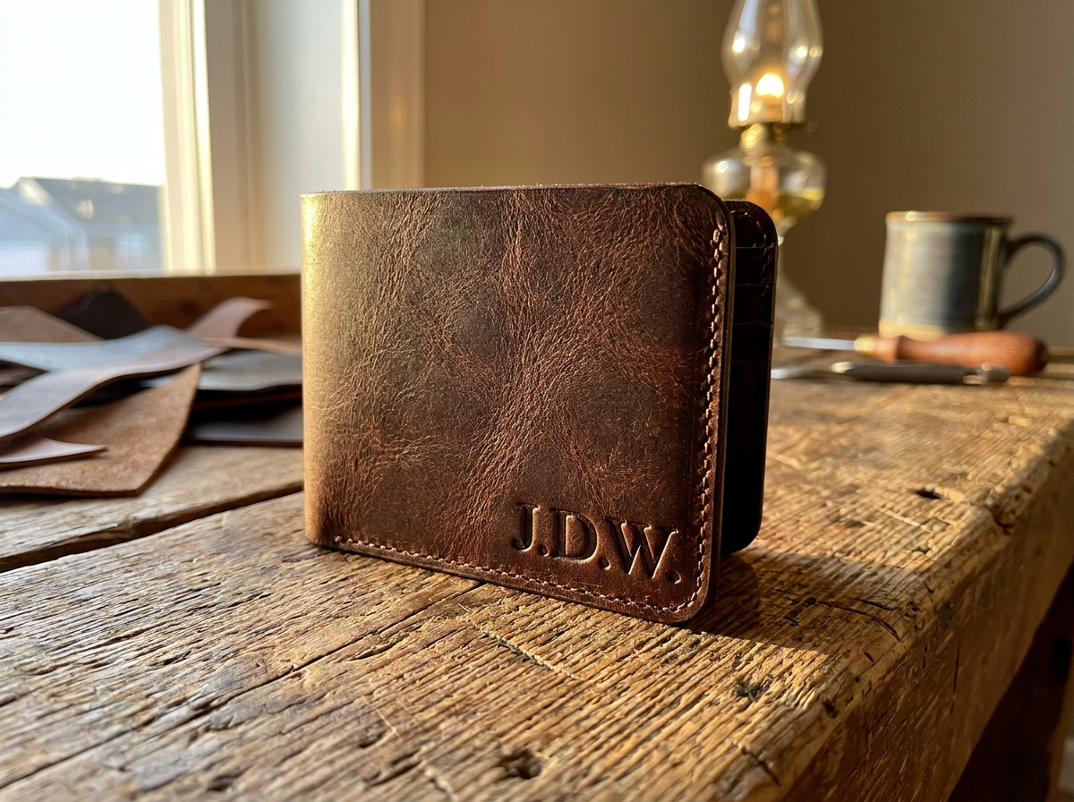 Custom monogrammed full grain leather bifold wallet with engraved initials — handcrafted by Fox Tree Creations in Alabama