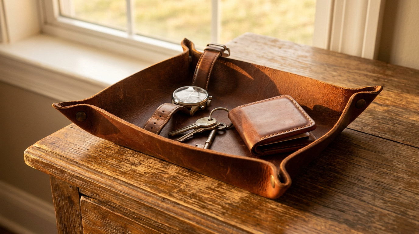 Full grain leather valet tray holding a watch, keys and card wallet on a rustic wooden dresser