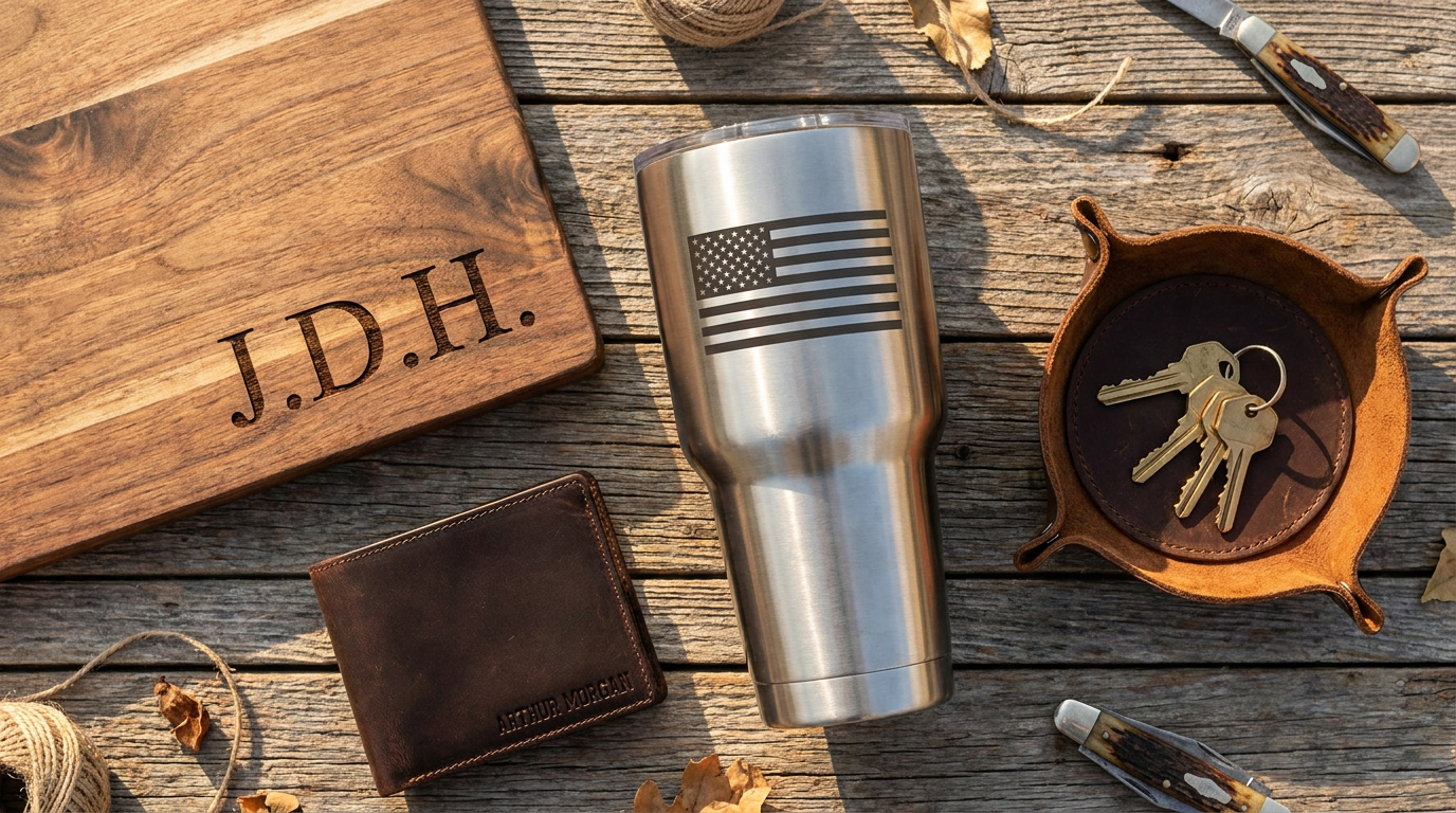 Flat lay of custom engraved gifts including an American flag tumbler, personalized cutting board, leather wallet, and leather valet tray on a rustic wood surface