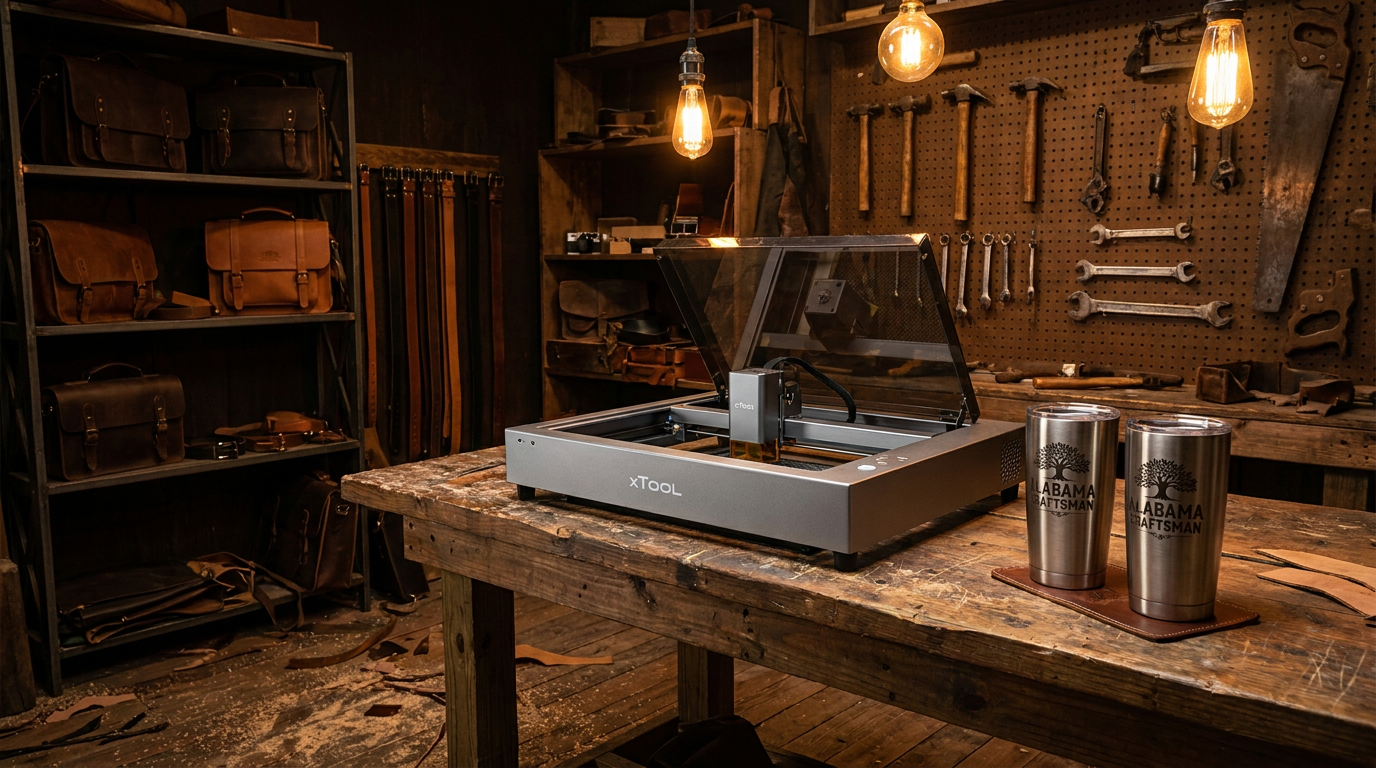 Fox Tree Creations Alabama workshop with laser engraver and completed custom engraved tumblers on workbench, warm workshop lighting