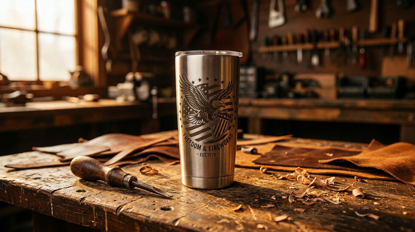 Custom laser engraved tumbler with American eagle and patriotic design on a worn wooden workshop table – Fox Tree Creations Alabama