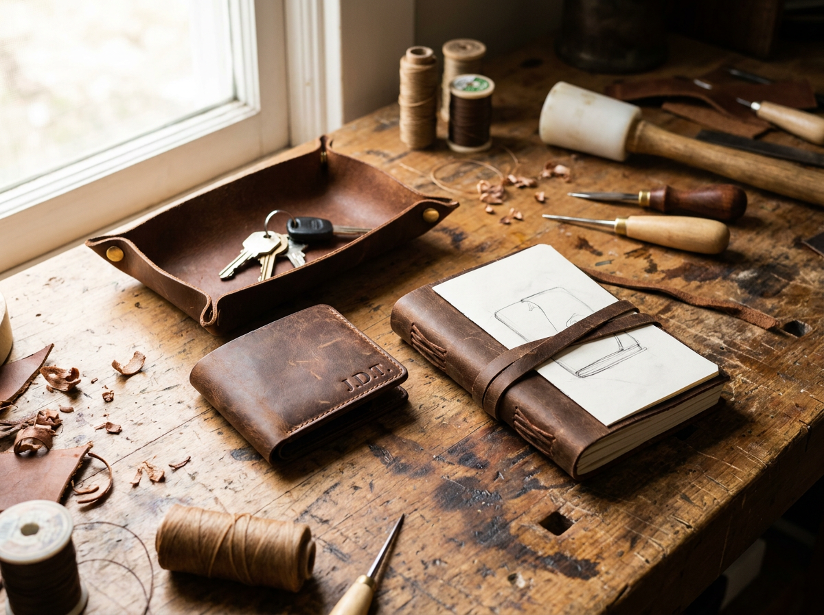 Personalized handcrafted leather goods on a wooden workshop table — wallet, valet tray, and leather journal by Fox Tree Creations