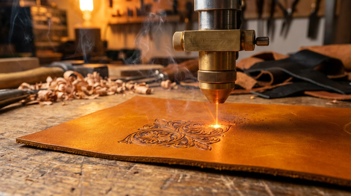Laser engraving machine etching a custom design into full grain leather in a handcrafted Alabama workshop