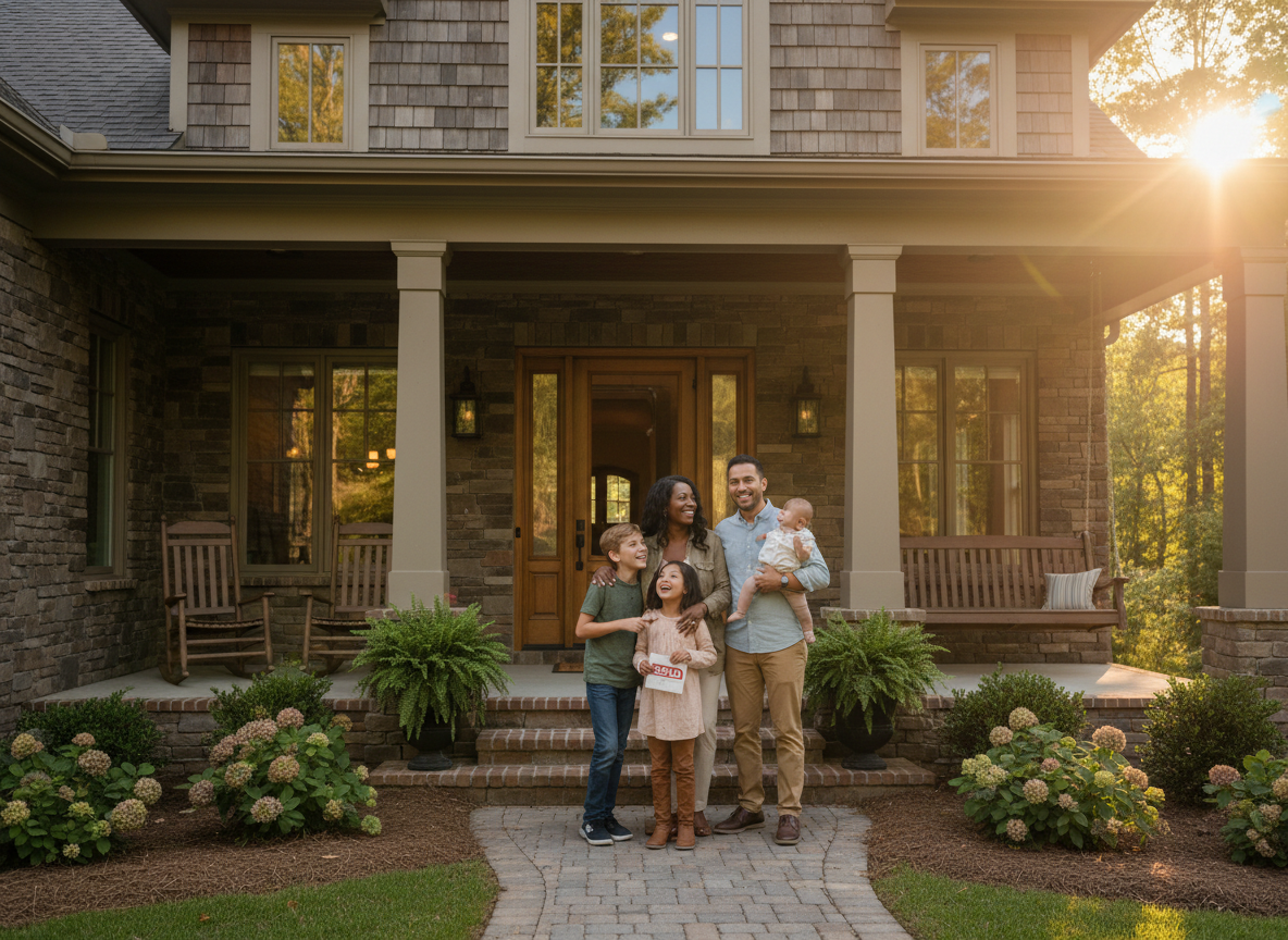 Happy family in front of new home