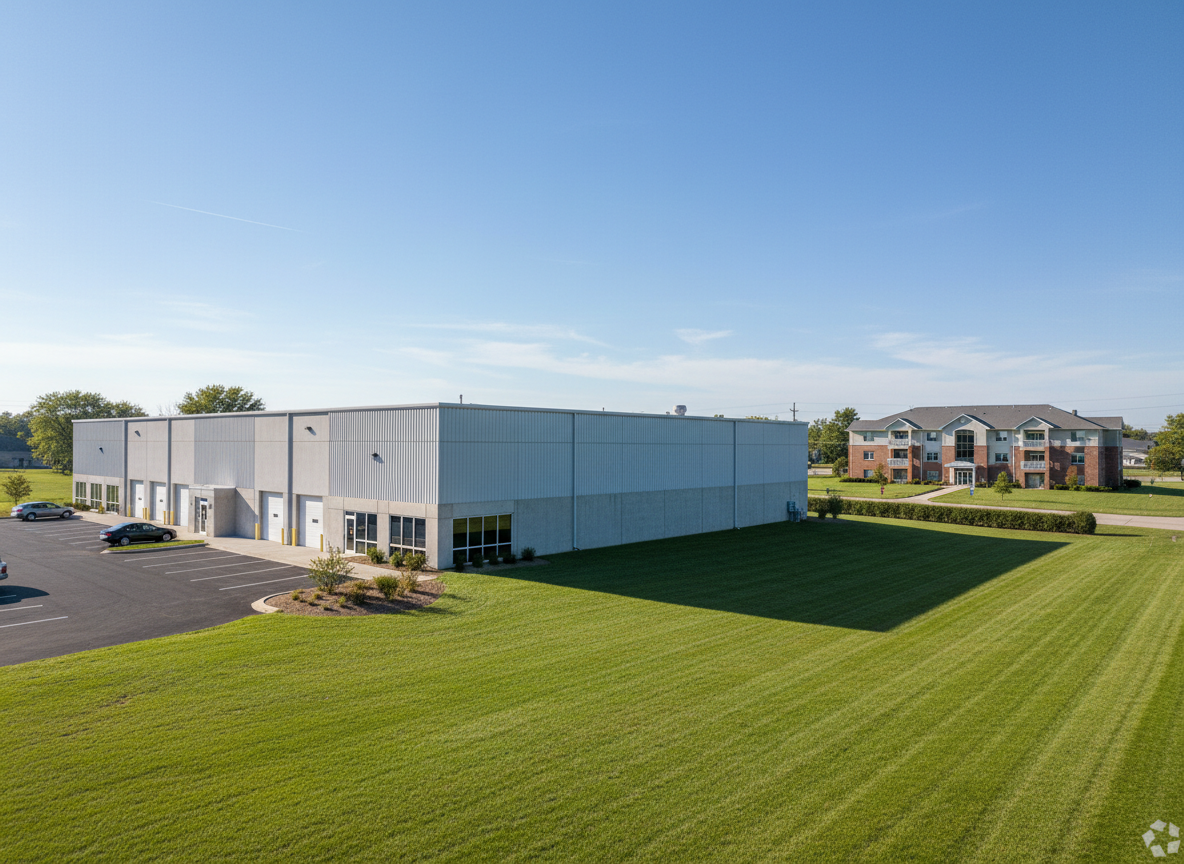 Commercial warehouse building with apartment complex and maintained lawn in Romulus Michigan