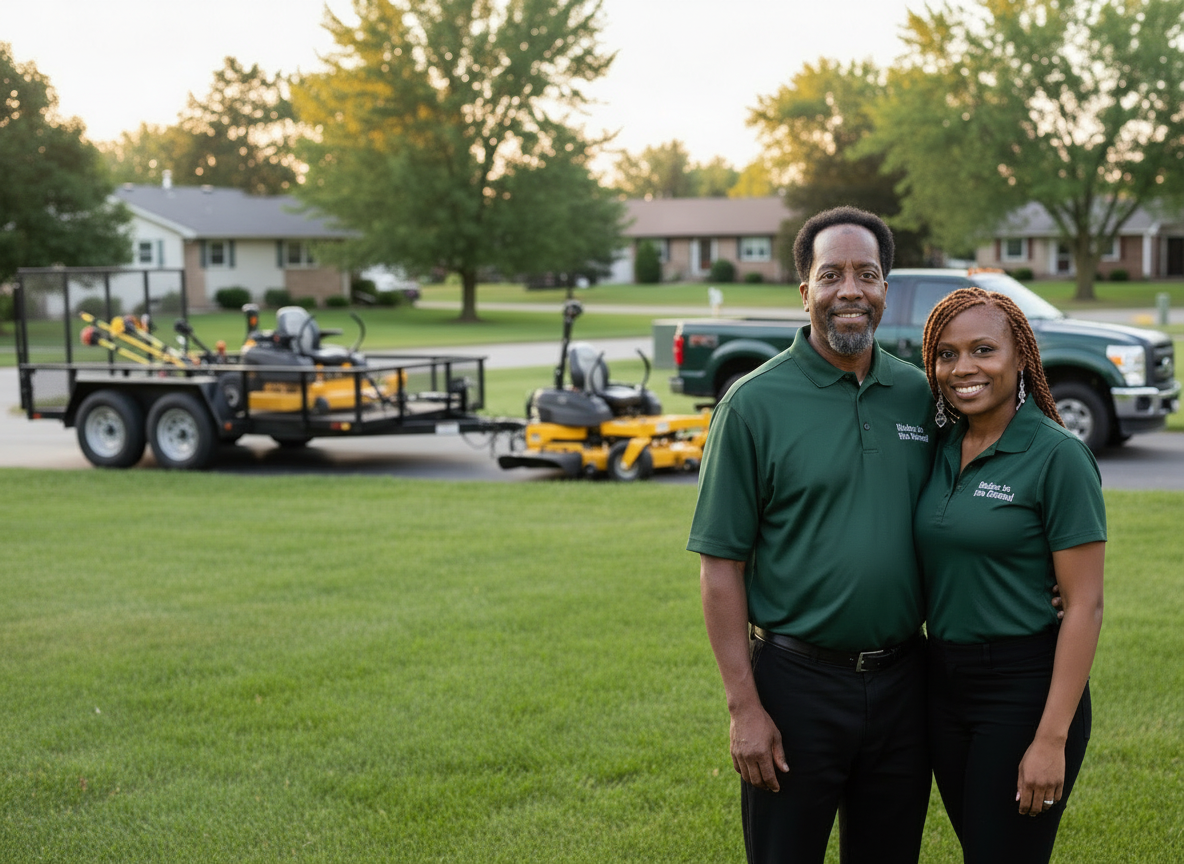 Karl and Charlotte Davis, owners of Blades to the Ground LLC, standing in front of their Ford F-250 truck and equipment trailer