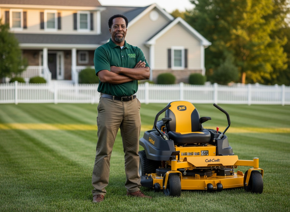 Karl Davis standing confidently with his yellow Cub Cadet zero-turn mower on a beautifully striped lawn