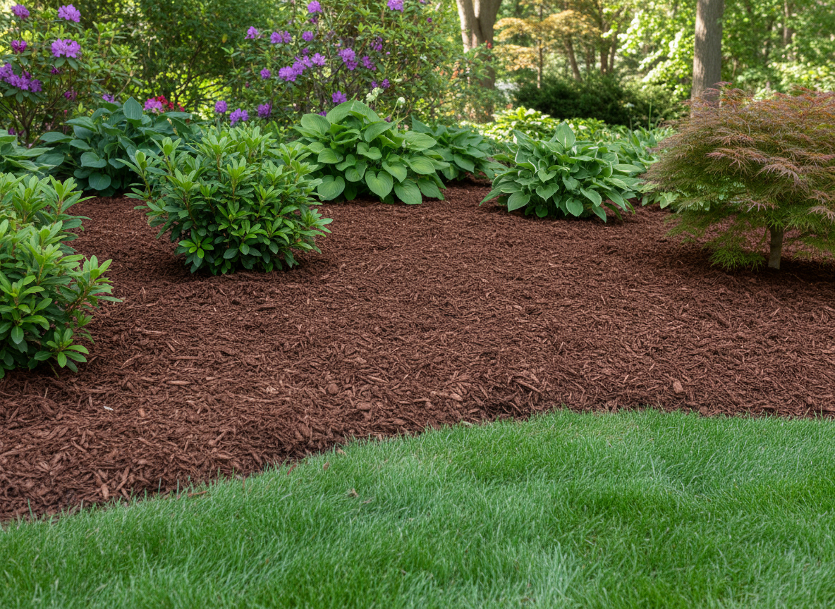 Fresh dark brown mulch spread neatly in a landscaping bed