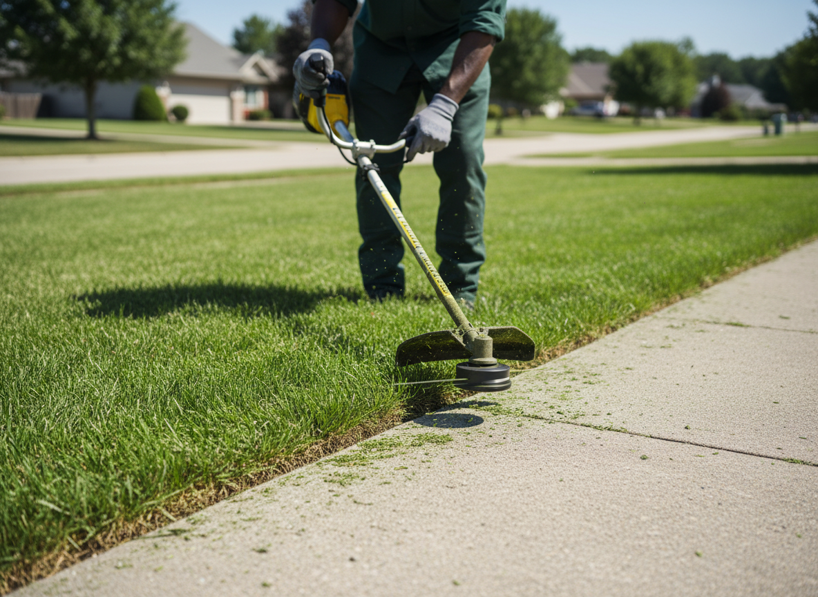 Professional lawn edging along a sidewalk creating a crisp clean line between grass and concrete