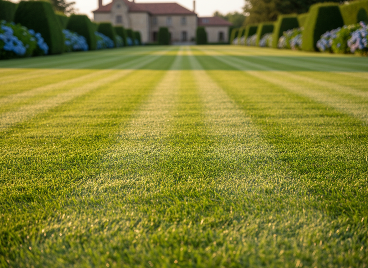 Perfectly manicured green lawn with professional mowing stripes