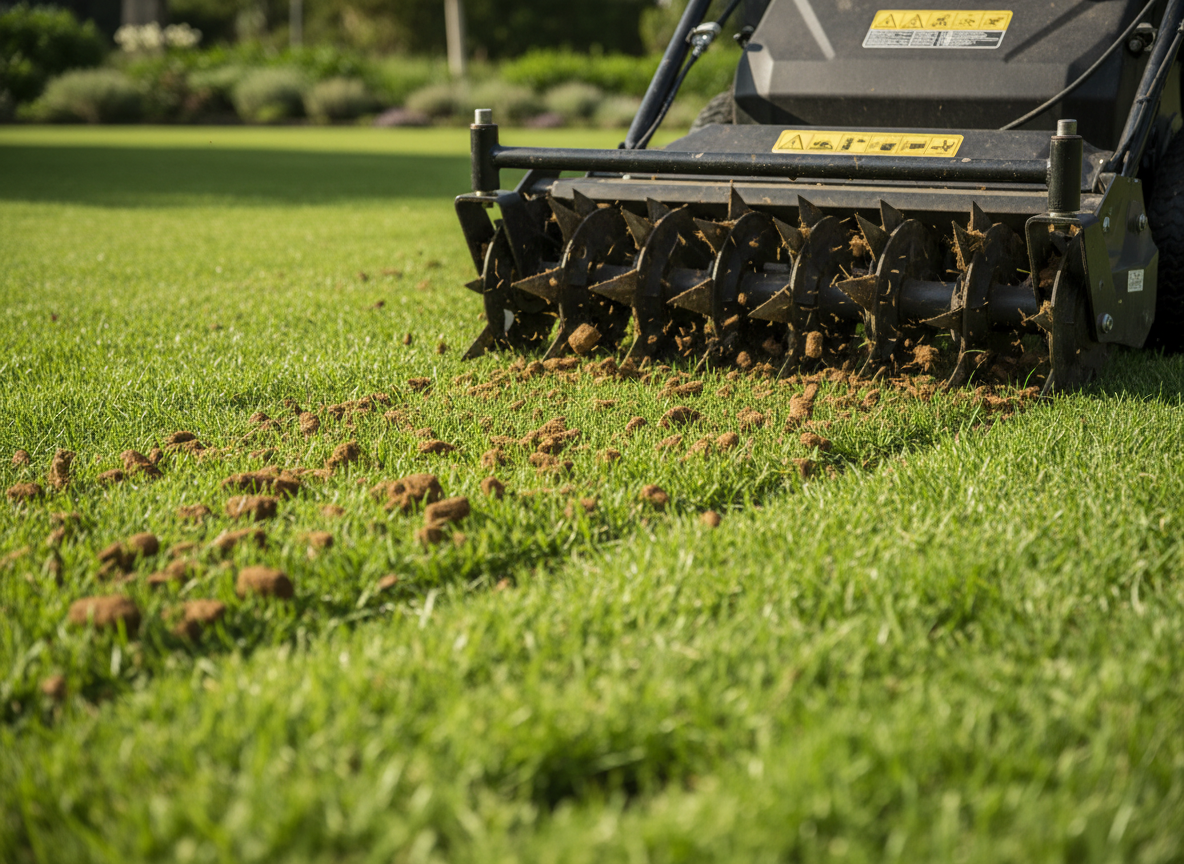 Core aerator pulling soil plugs from a green lawn