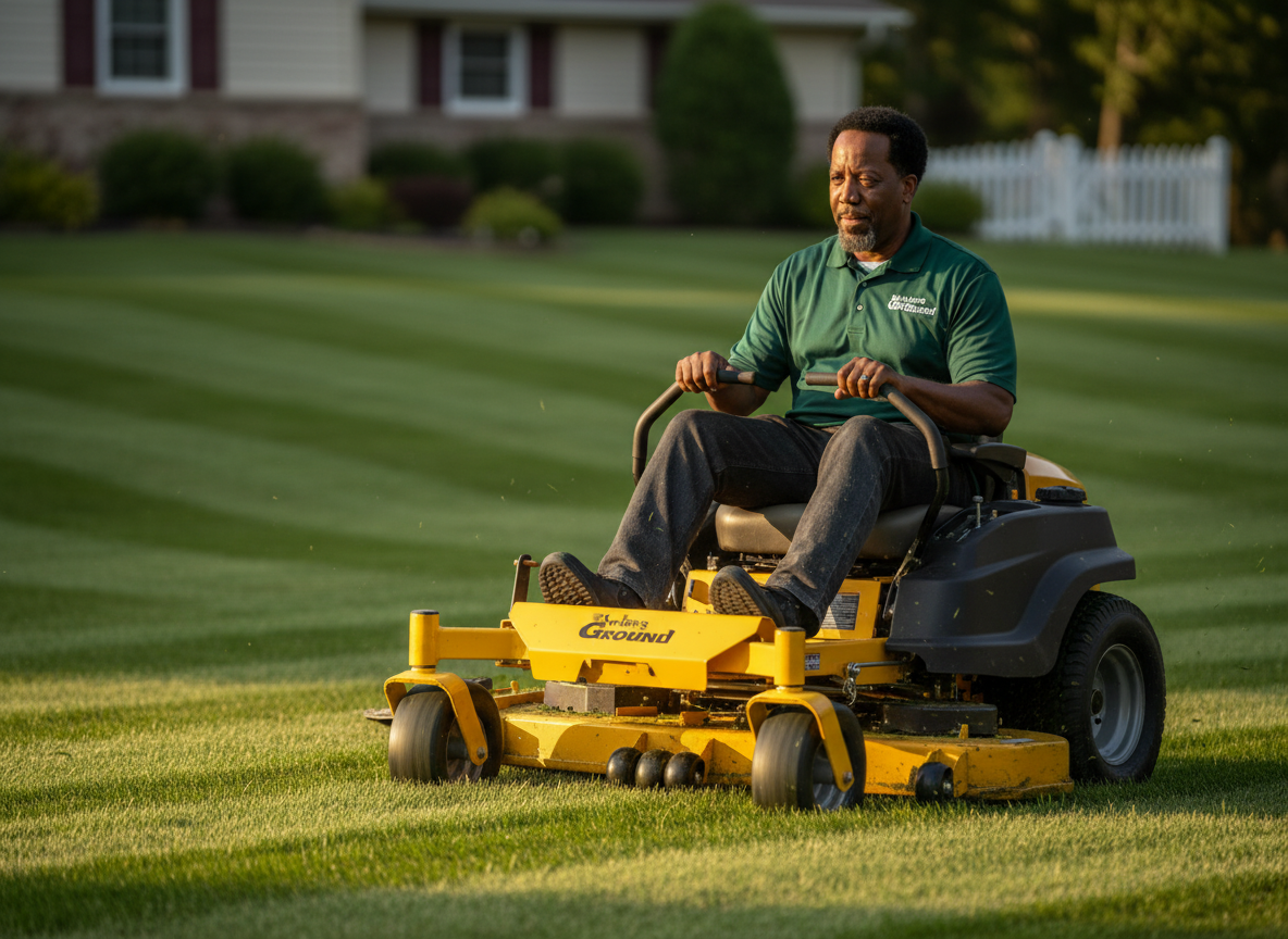 Karl Davis operating a zero-turn mower with clean striping on a property