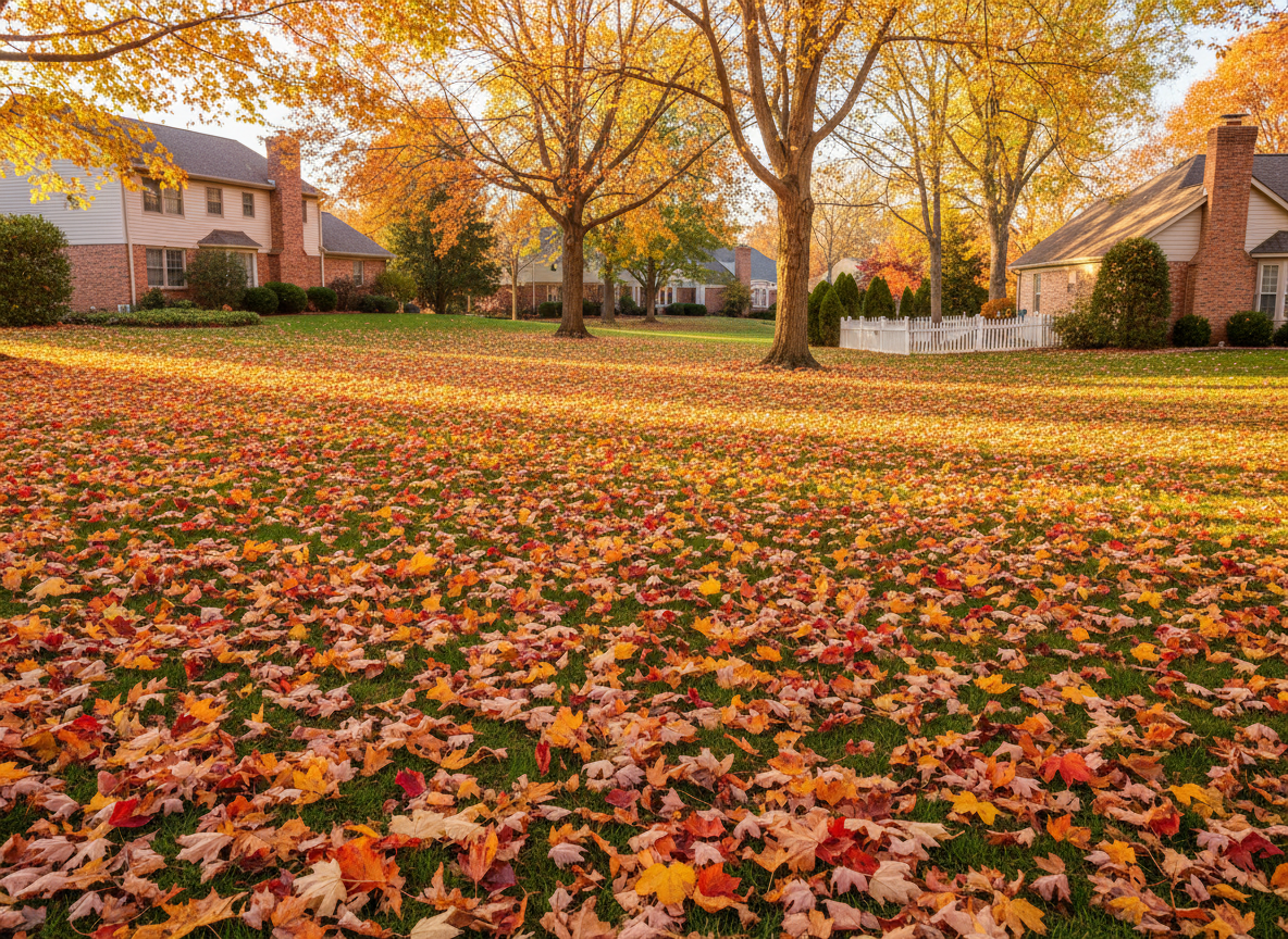 Colorful autumn fall leaves scattered across a residential lawn