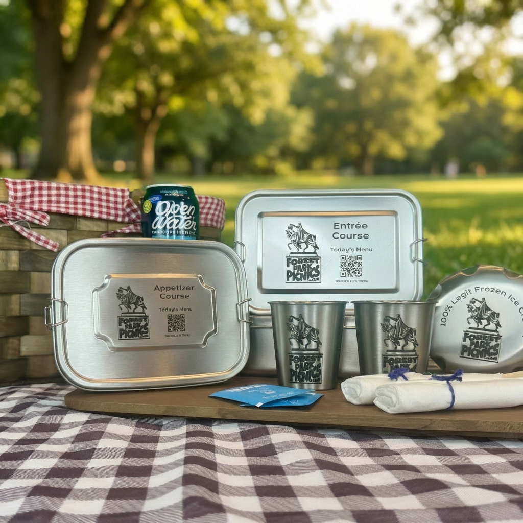 Forest Park Picnics basket setup with branded bento boxes, cups, ice cream chiller, and picnic essentials