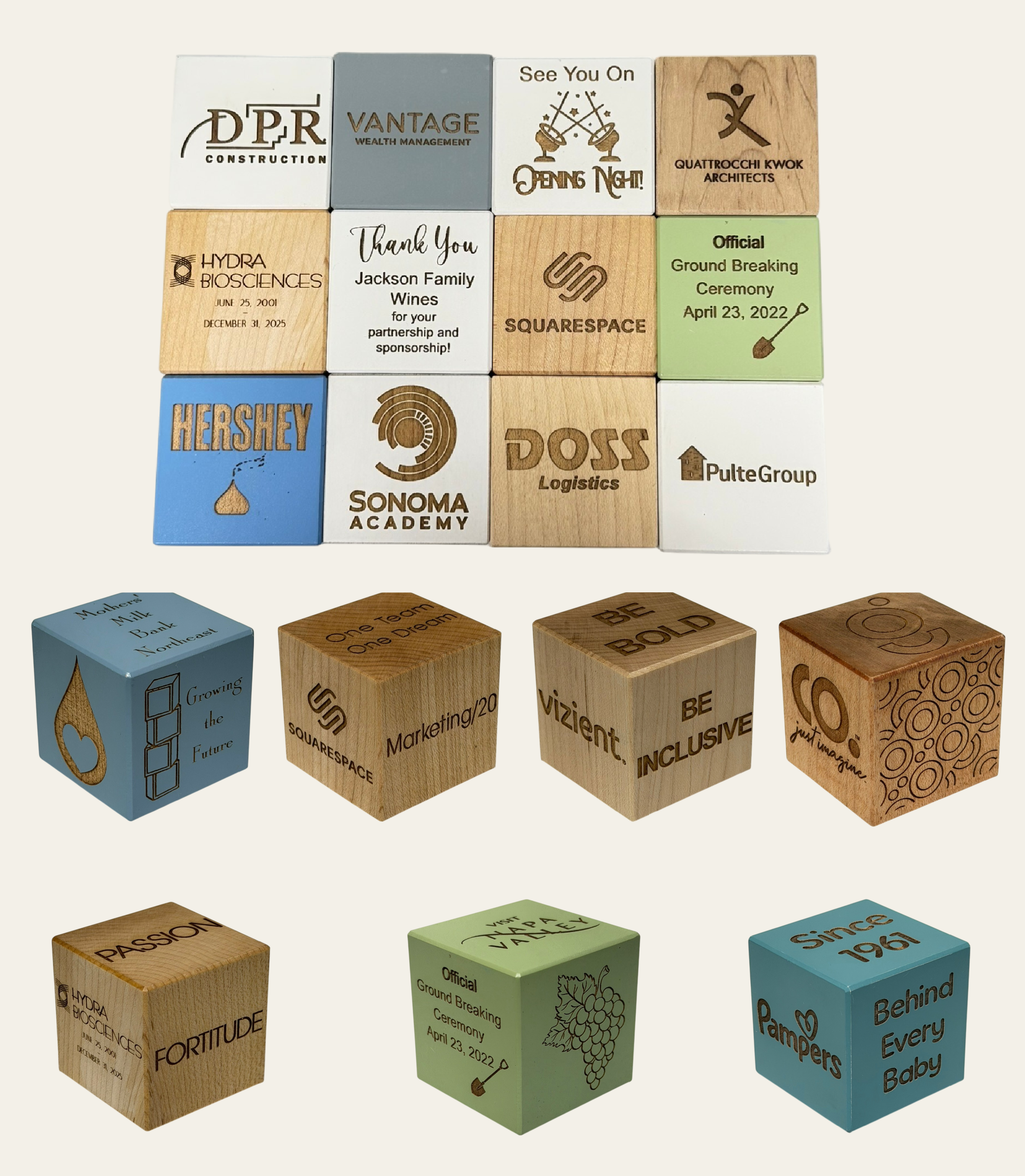 Custom engraved corporate blocks featuring logos from DPR Construction, Hershey, Squarespace, Pampers, Napa Valley, and more