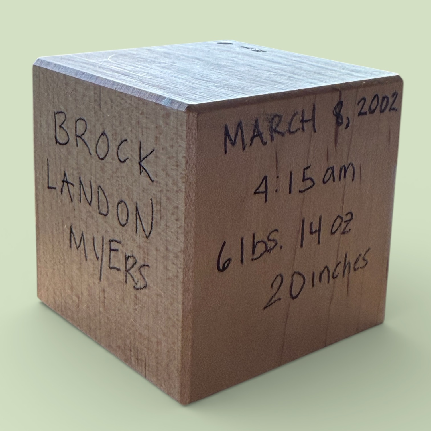 The original BLOCKSetc baby block — hand-drawn for Brock Landon Myers, March 8, 2002