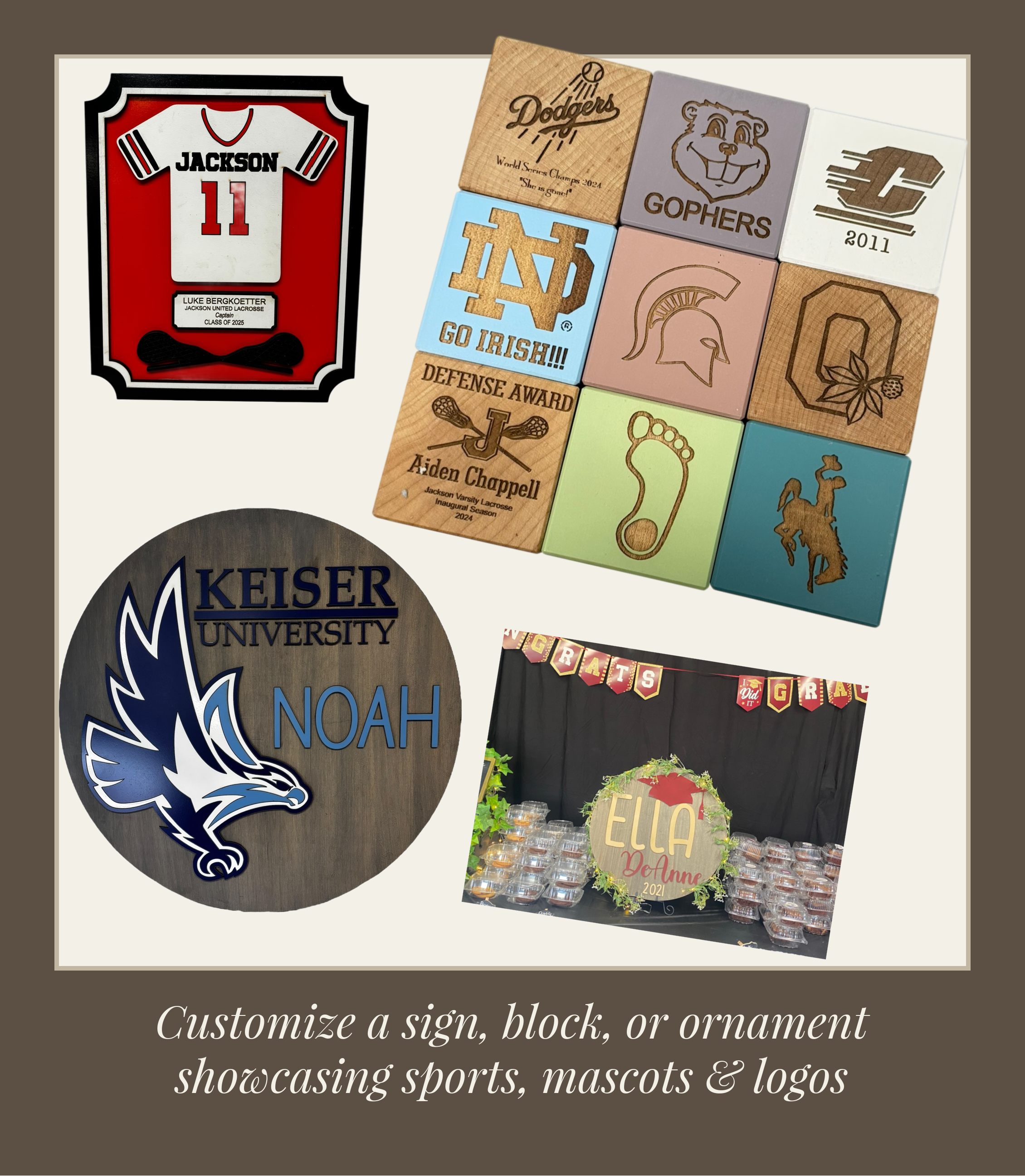 Collection of custom school and sports pieces — jersey plaque, university sign, mascot blocks in team colors, graduation display, and award plaques for Notre Dame, Spartans, Gophers, Cowboys, and more