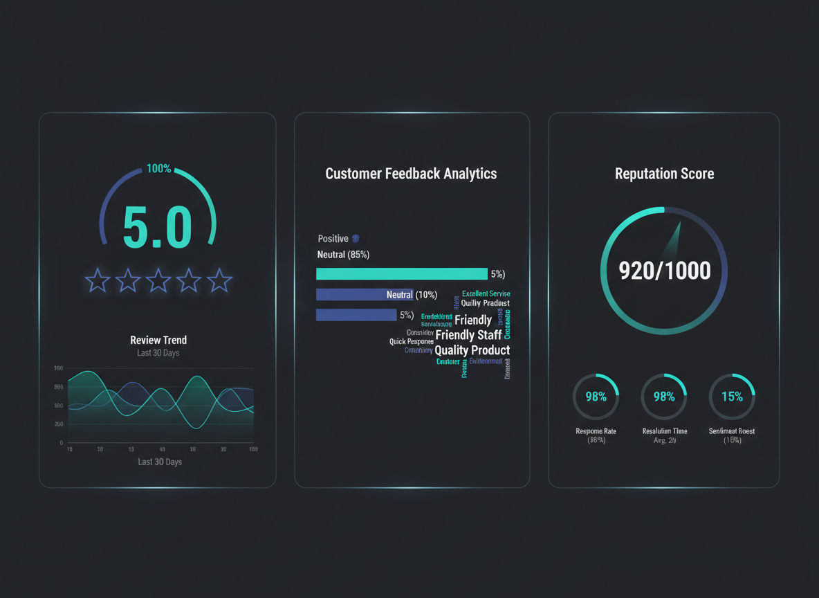 Reputation management dashboard showing 5-star reviews
