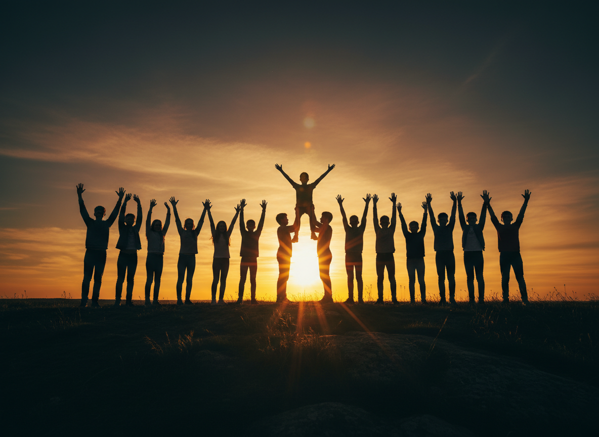 Silhouettes of diverse youth standing together at golden hour, arms raised in unity and triumph — representing MacLift Foundation's mission to lift every young life