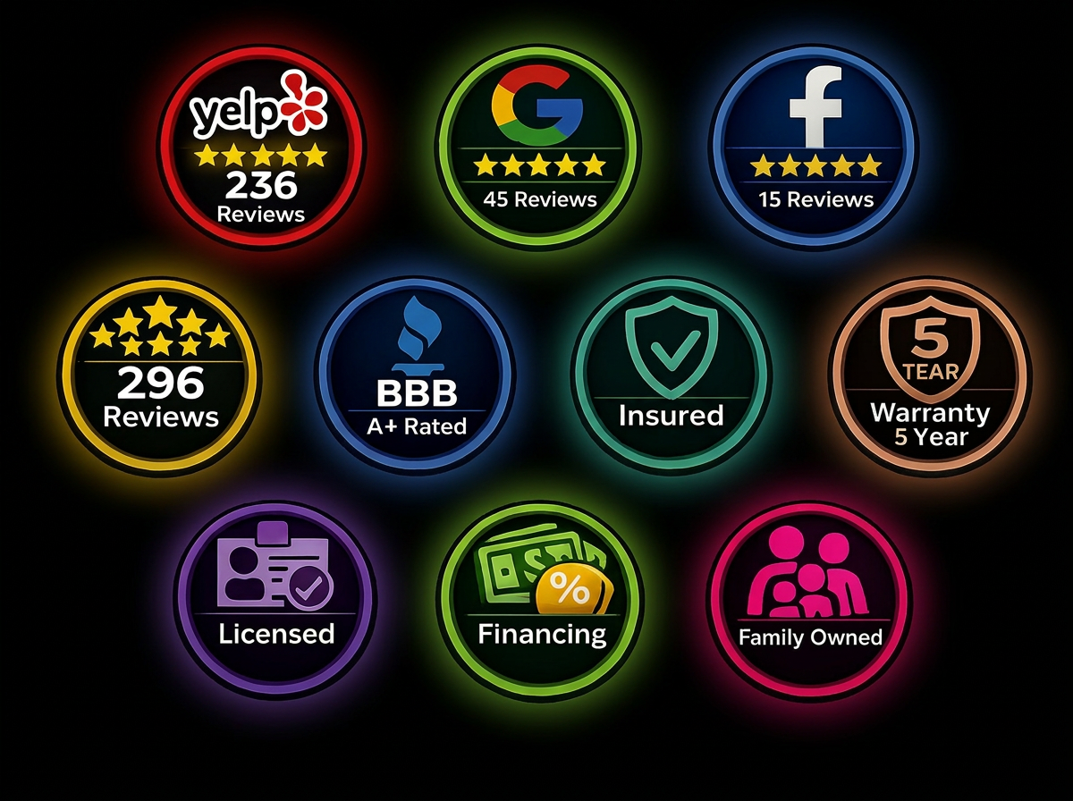Pulse Exterior trust badges — 248 Yelp reviews, 50 Google reviews, BBB A+ rated, insured, 5-year warranty, licensed, financing, family owned