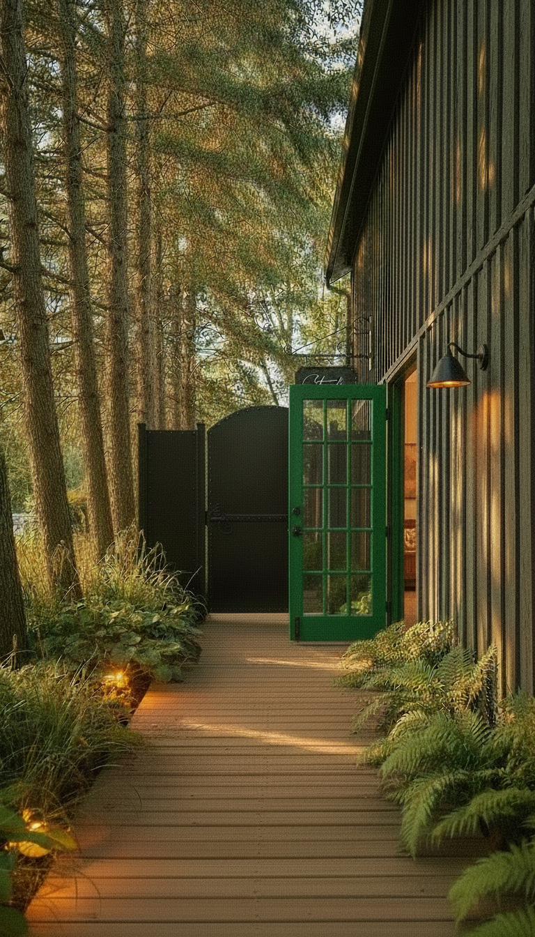 Boardwalk entrance to The Studio at Ritual — ferns, warm uplighting, green French door
