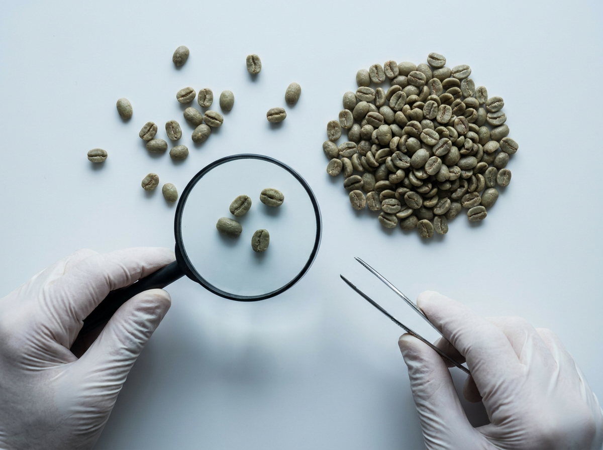 Green specialty coffee beans inspected under clean conditions — ARDITO clean coffee sourcing and quality control standards