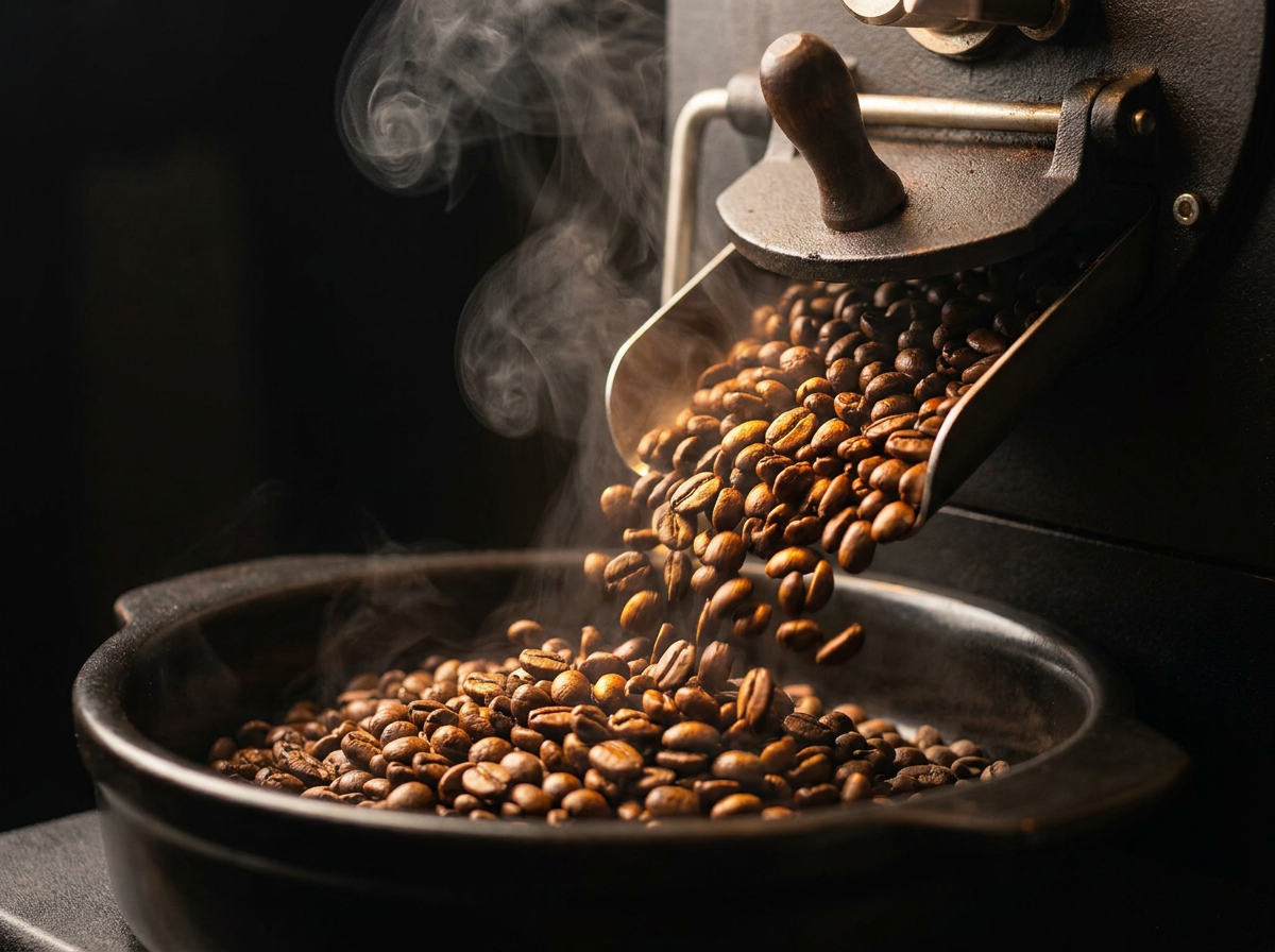 Freshly roasted ARDITO specialty coffee beans poured from small-batch roaster — premium clean coffee