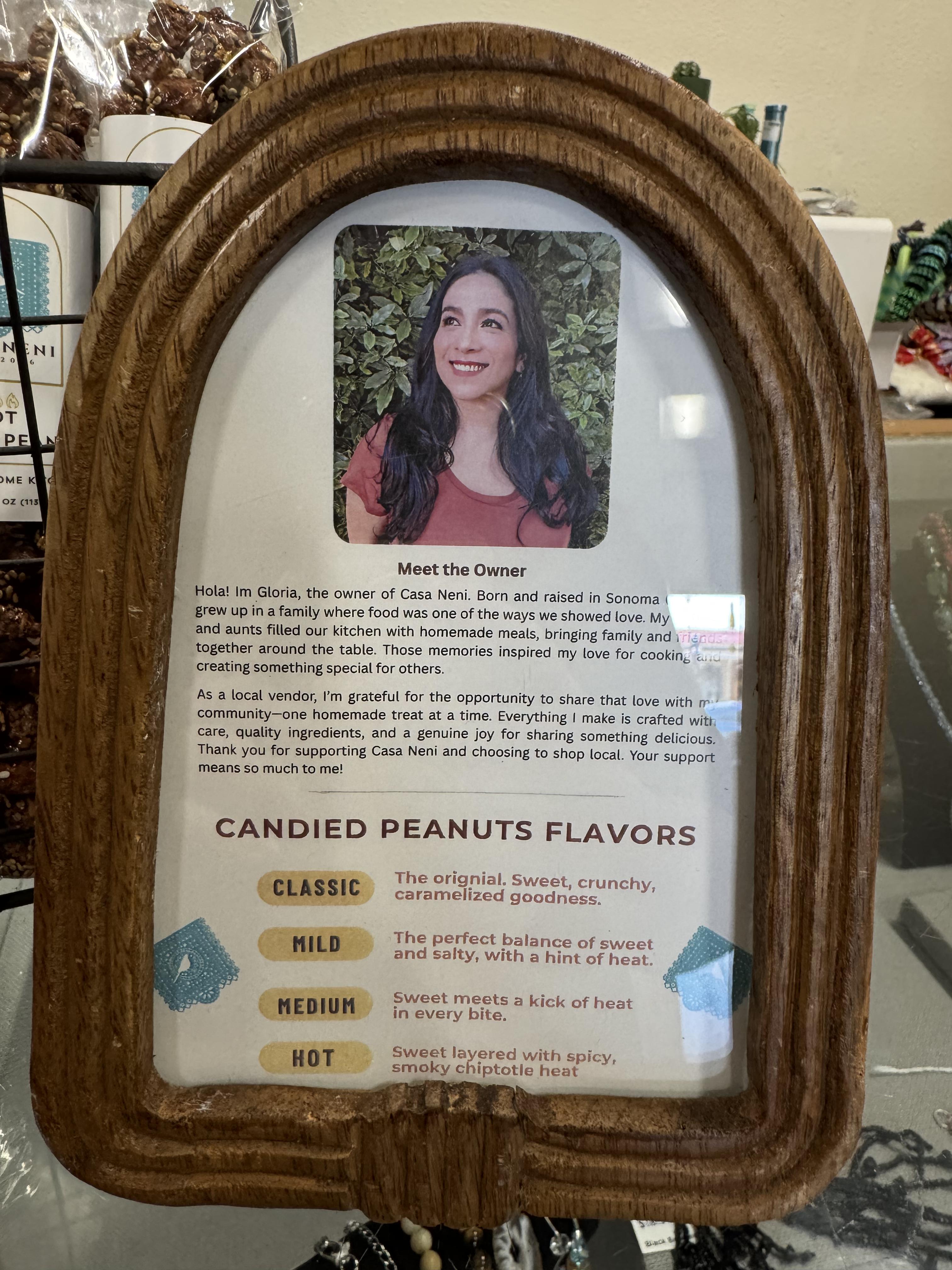 Casa Neni meet the owner card with flavor descriptions