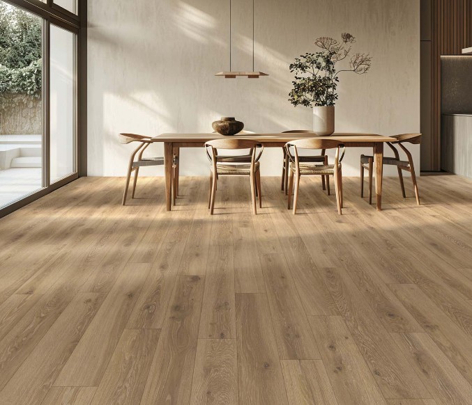 Modern dining room with light wood luxury vinyl plank flooring