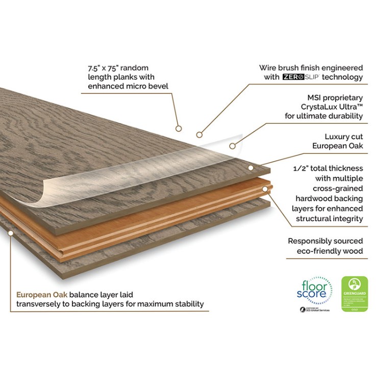 Engineered hardwood cross-section showing European Oak wear layer and multi-layer backing
