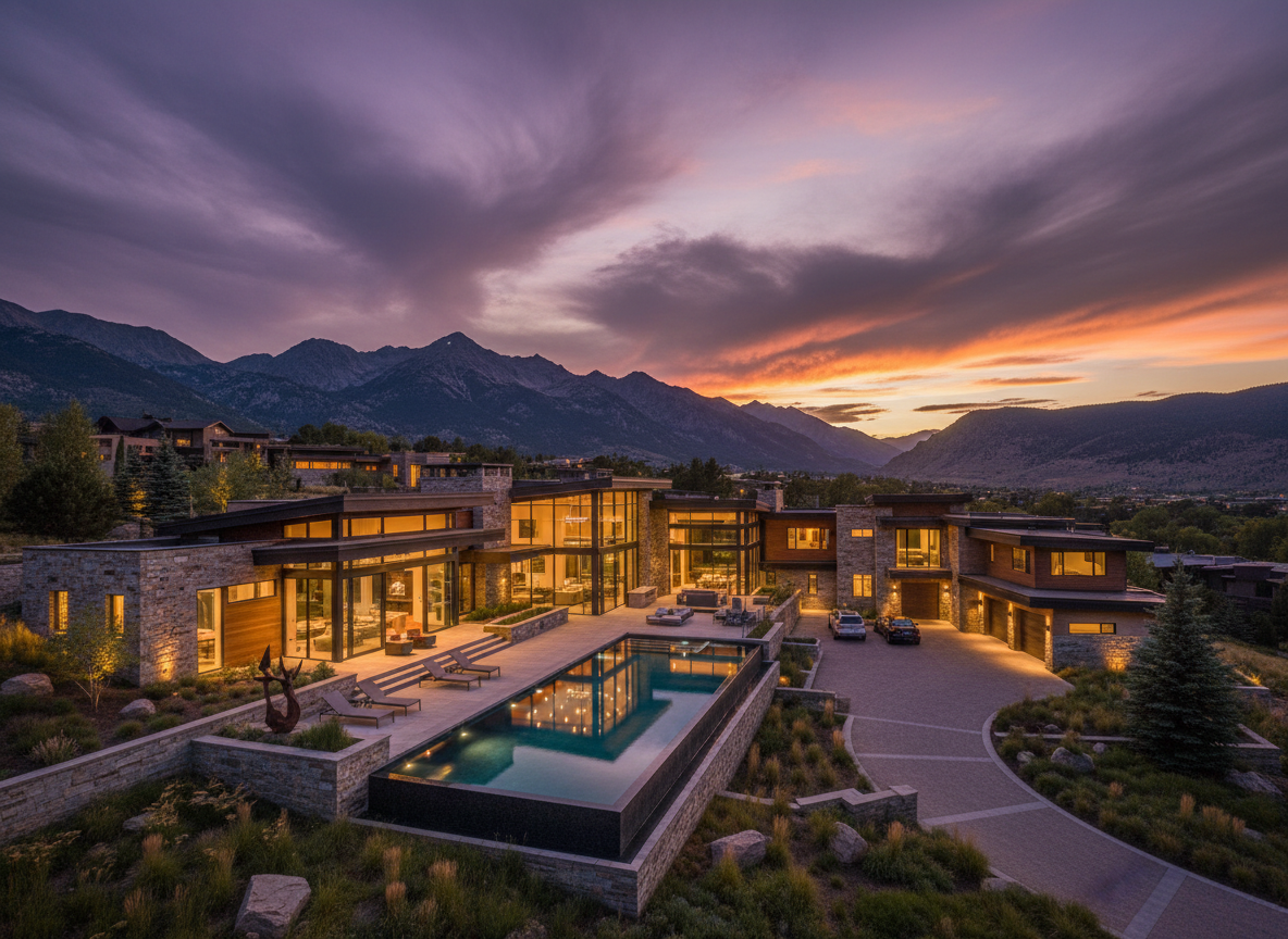 Luxury Utah estate at twilight with mountain views