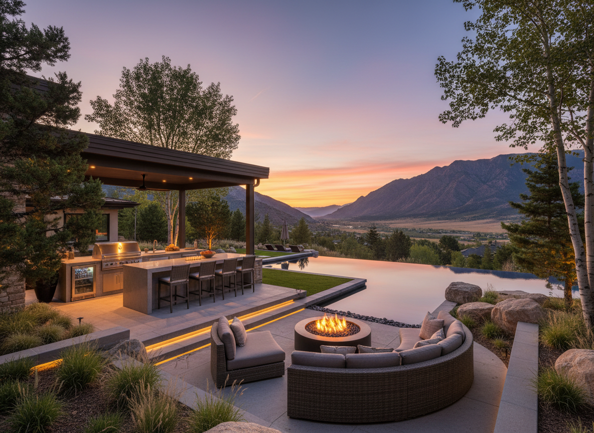 Luxury outdoor living with pool and mountain views at golden hour