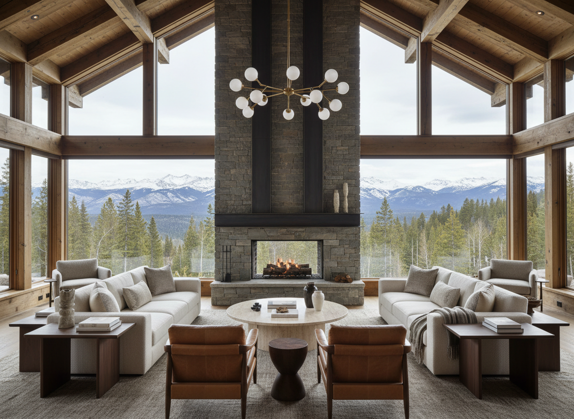 Luxury great room with floor-to-ceiling windows and mountain views