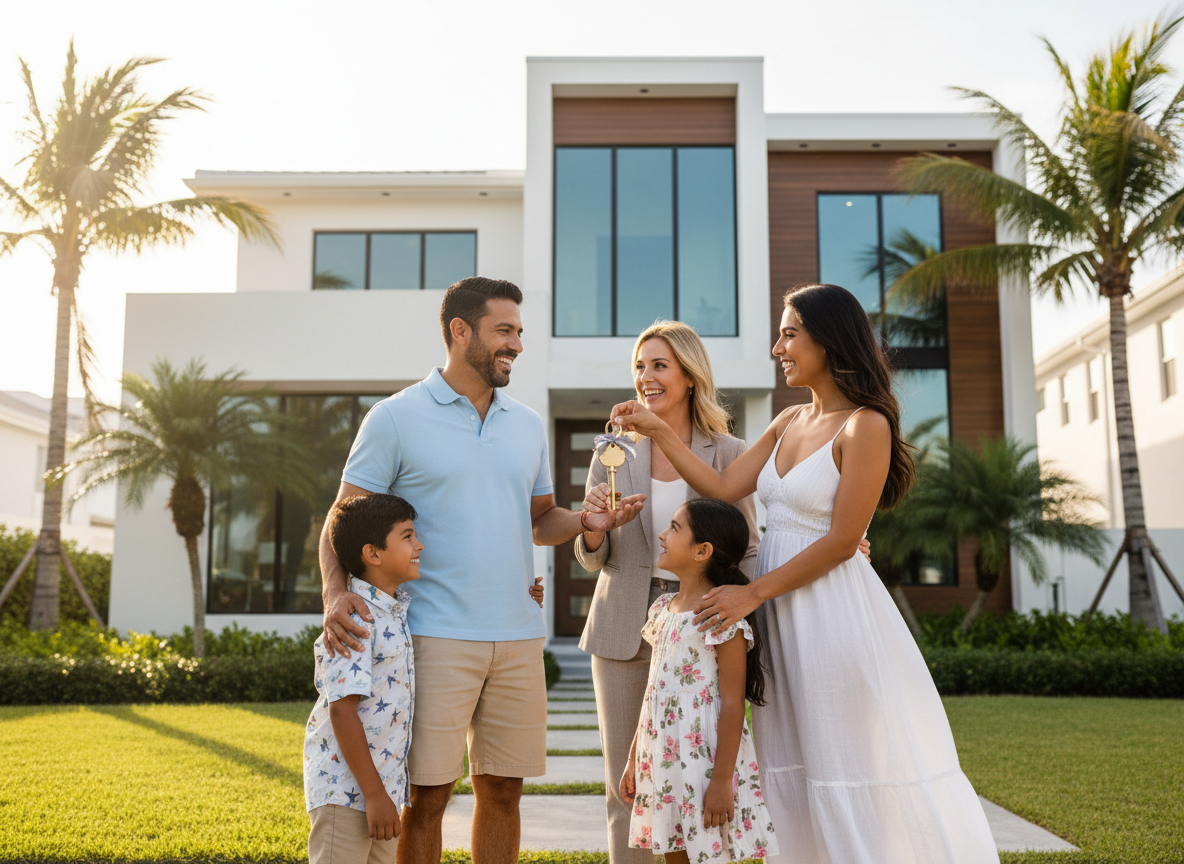 Happy family receiving keys to their new home in Southwest Florida