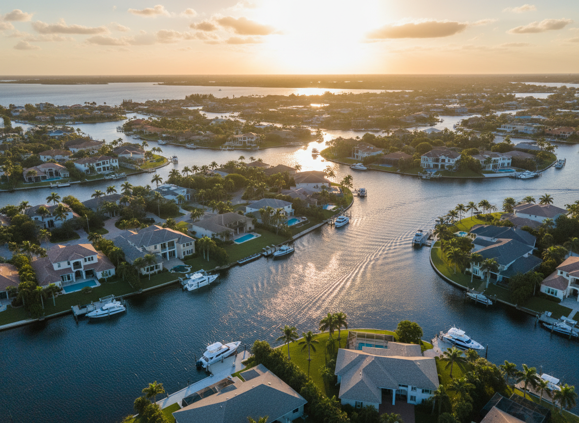 Aerial view of Cape Coral waterfront at golden hour