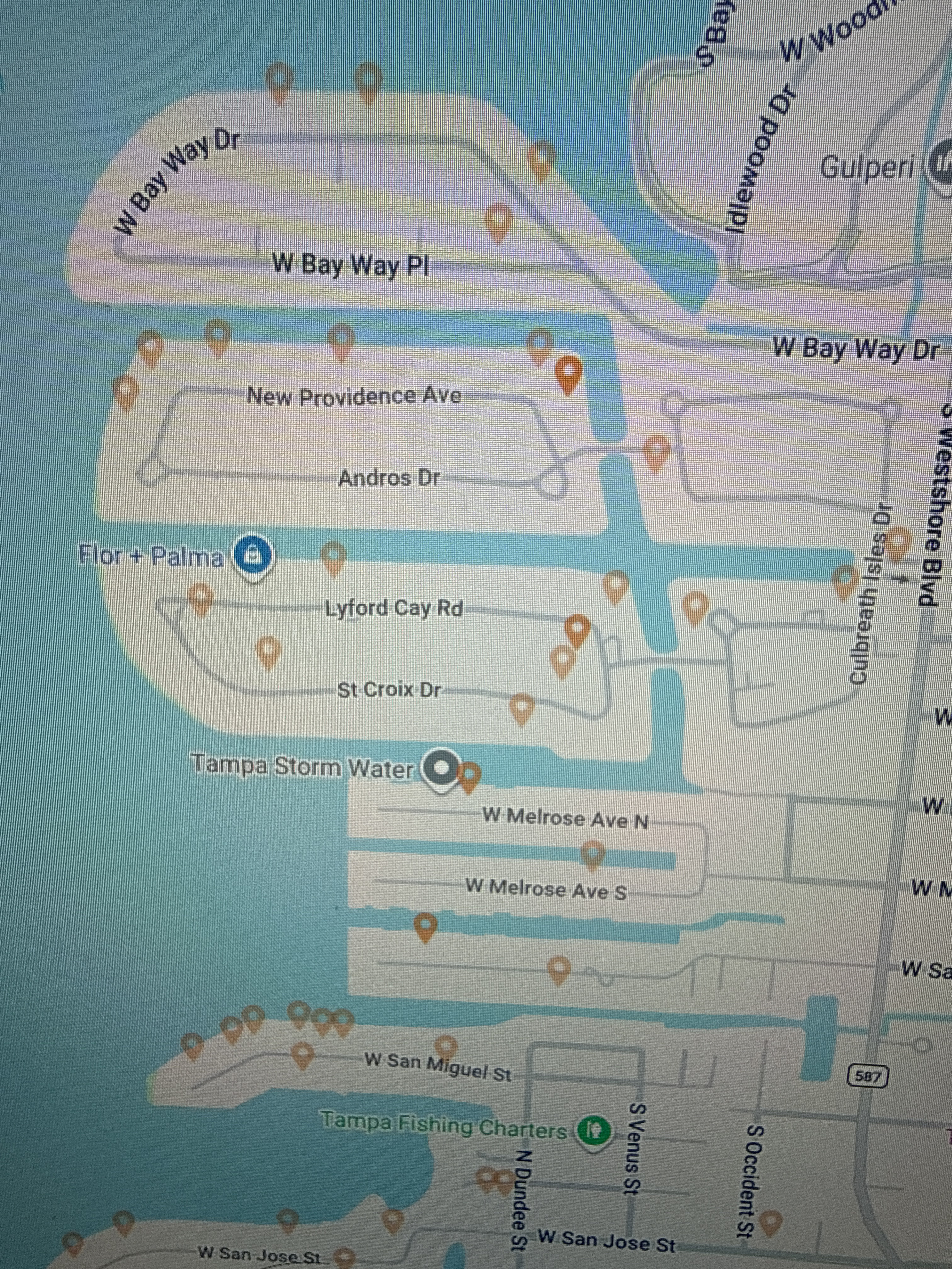 Culbreath Isles South Tampa neighborhood map showing 17 LED Artistry outdoor lighting installation locations — individual pins at each completed home on New Providence Ave, Andros Dr, Lyford Cay Rd, St Croix Dr, and W Melrose Ave