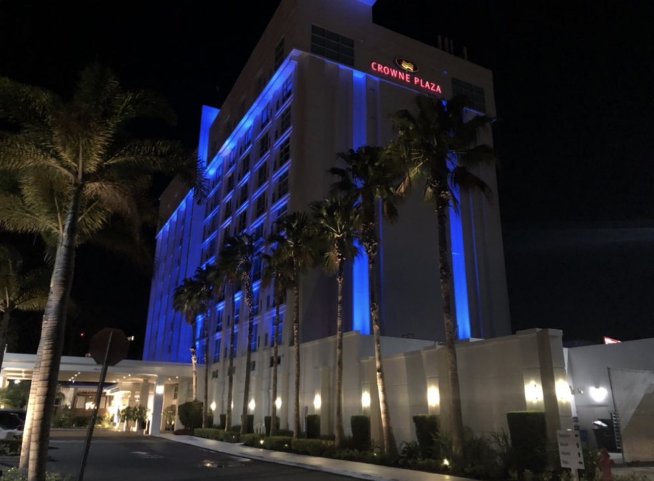 Hotel Alba Tampa porte-cochère entrance column lighting and palm uplighting at night — LED Artistry installation