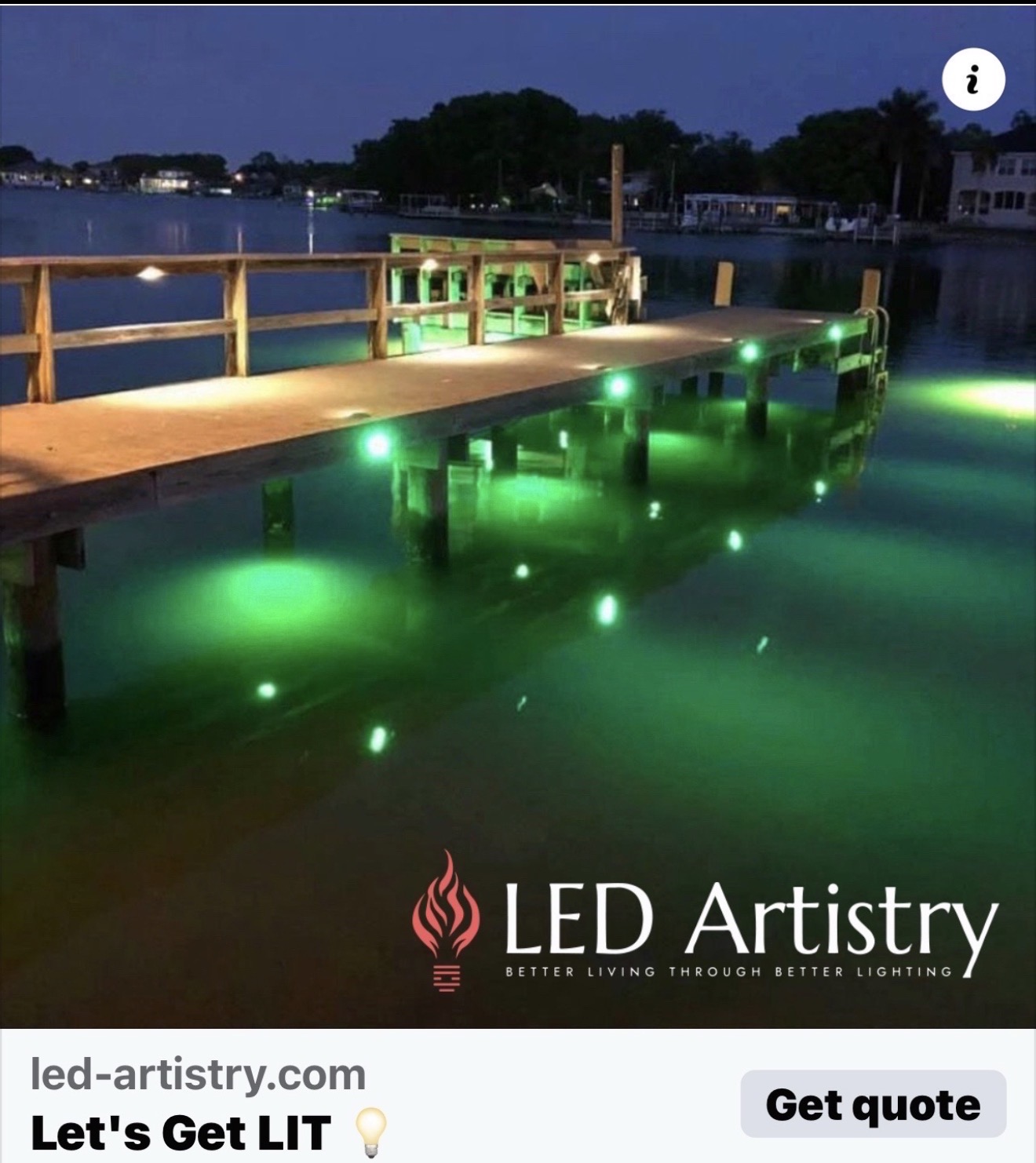 Kevin Harrington's dock with underwater green LED fishing lights glowing in Tampa Bay — LED Artistry marine lighting installation